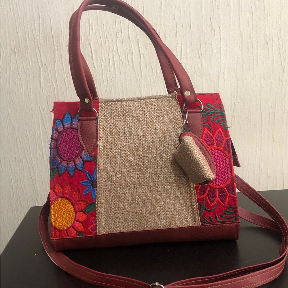 Handcrafted Red Floral Embroidered Tote Bag with Woven Center
